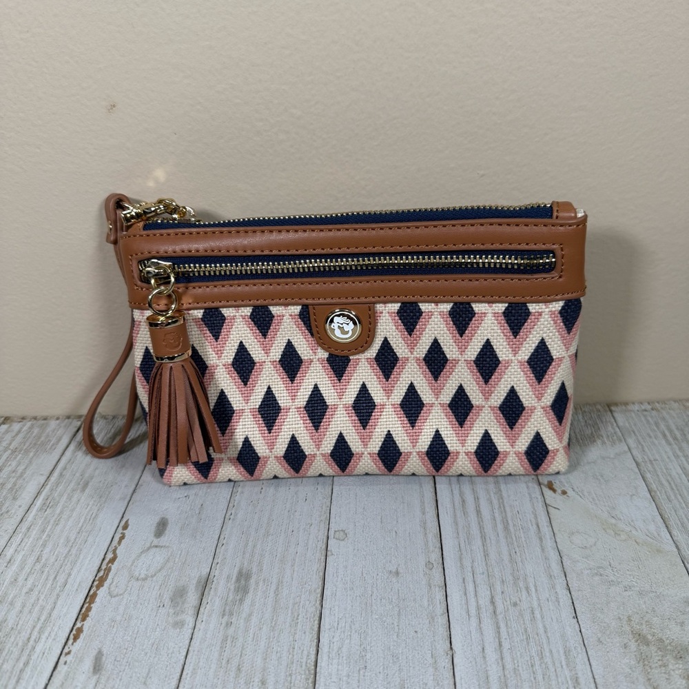 Spartina 449 wristlet wallet pink navy Daufuskie island zip clutch tassel